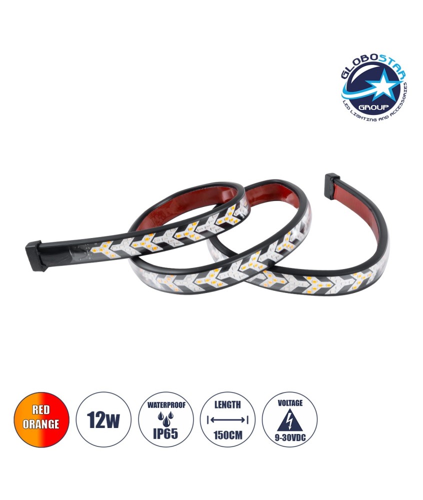 GloboStar® 81735 Car Backlit LED Strip Εύκαμπτη Ταινία 150cm Σήμανσης DRL Αυτοκινήτου 3 Προγραμμάτα Φωτισμού LED SMD 5050 12W DC 9-30V Αδιάβροχη IP65 Πορτοκαλί - Κόκκινο - 2 Χρόνια Εγγύηση